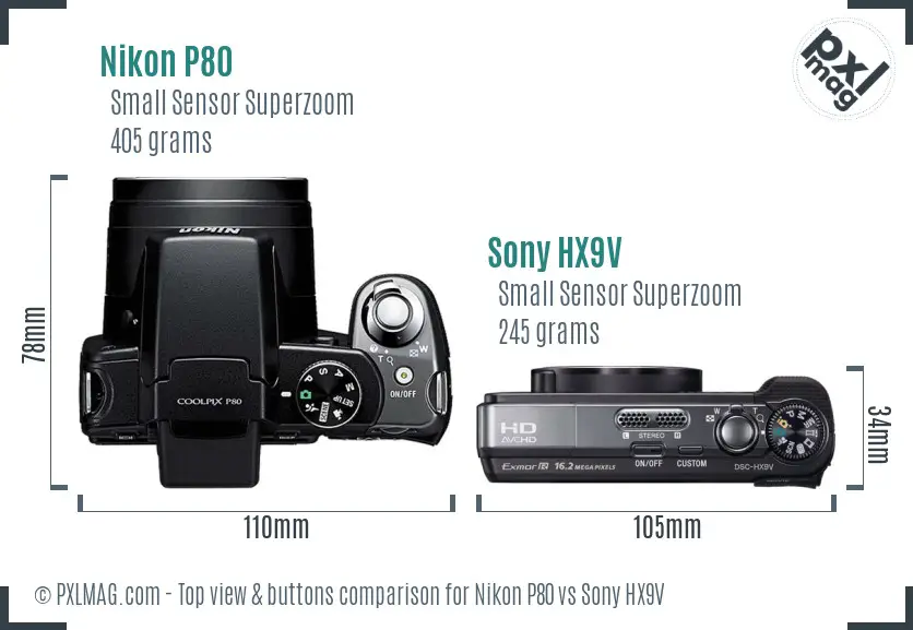 Nikon P80 vs Sony HX9V top view buttons comparison Nikon P80 vs Sony HX9V top view buttons comparison