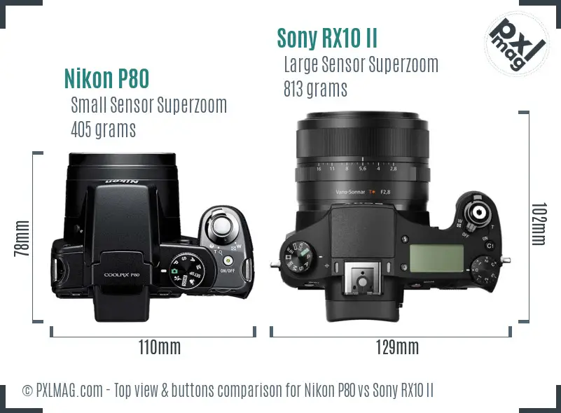 Nikon P80 vs Sony RX10 II top view buttons comparison