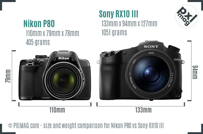 Nikon P80 vs Sony RX10 III size comparison