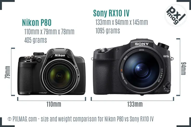 Nikon P80 vs Sony RX10 IV size comparison