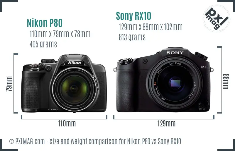 Nikon P80 vs Sony RX10 size comparison