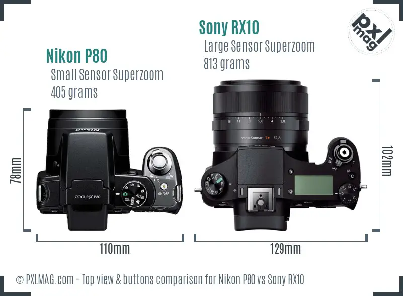 Nikon P80 vs Sony RX10 top view buttons comparison