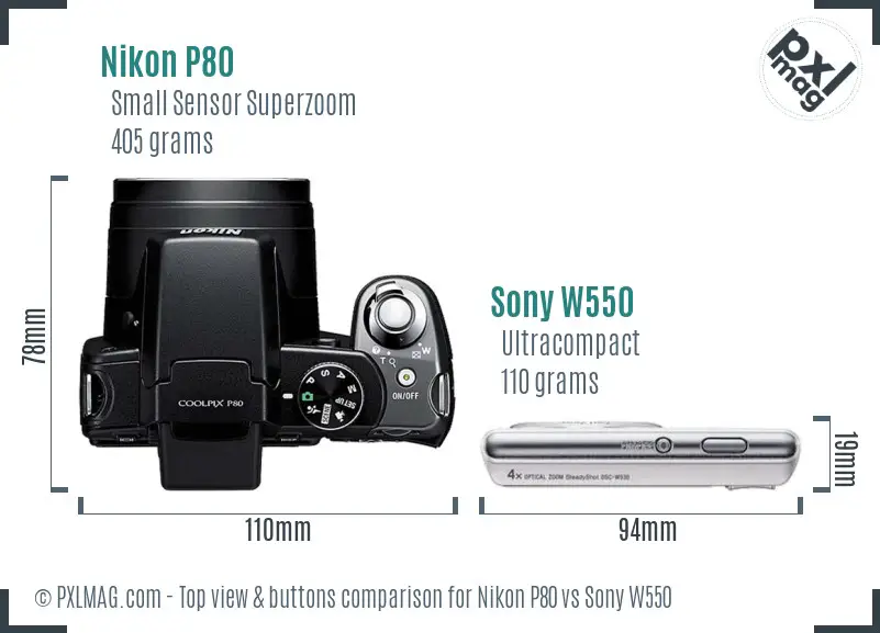 Nikon P80 vs Sony W550 top view buttons comparison