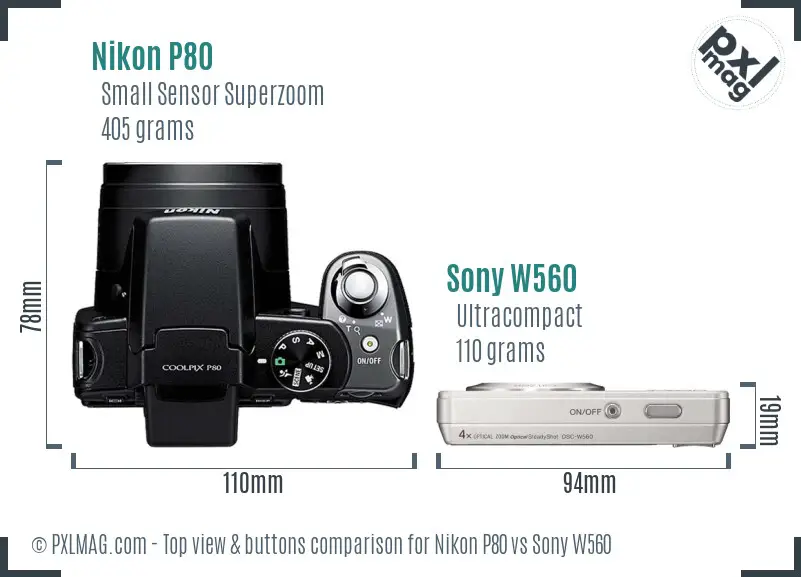 Nikon P80 vs Sony W560 top view buttons comparison