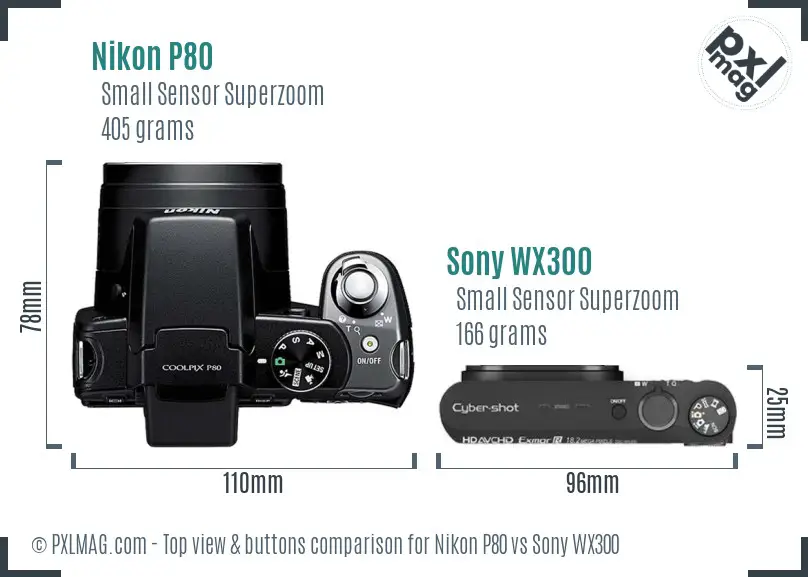 Nikon P80 vs Sony WX300 top view buttons comparison