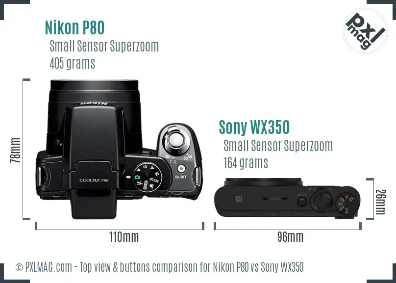 Nikon P80 vs Sony WX350 top view buttons comparison