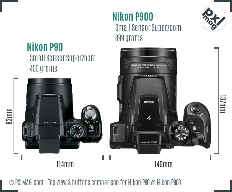 Nikon P90 vs Nikon P900 top view buttons comparison