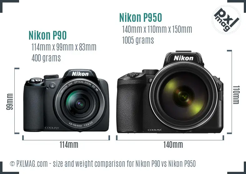Nikon P90 vs Nikon P950 size comparison