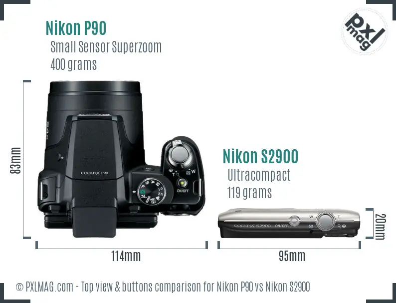 Nikon P90 vs Nikon S2900 top view buttons comparison
