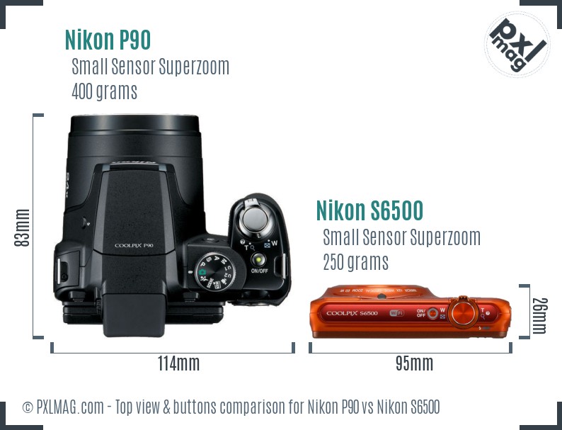 Nikon P90 vs Nikon S6500 top view buttons comparison