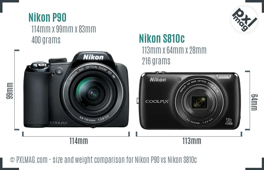 Nikon P90 vs Nikon S810c size comparison