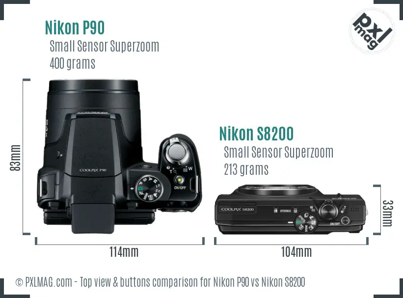 Nikon P90 vs Nikon S8200 top view buttons comparison Nikon P90 vs Nikon S8200 top view buttons comparison