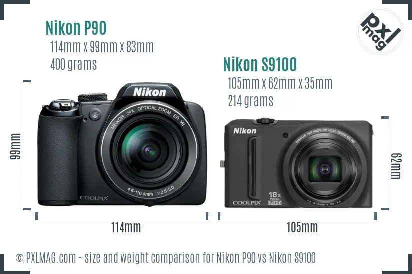 Nikon P90 vs Nikon S9100 size comparison