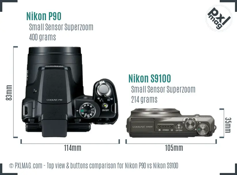 Nikon P90 vs Nikon S9100 top view buttons comparison