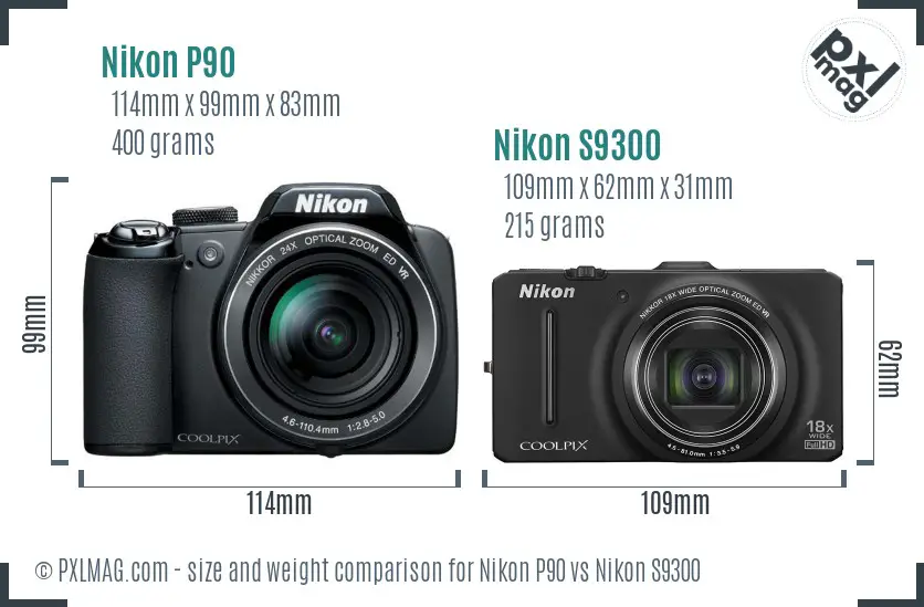 Nikon P90 vs Nikon S9300 size comparison