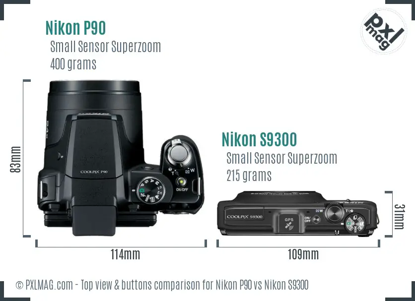 Nikon P90 vs Nikon S9300 top view buttons comparison