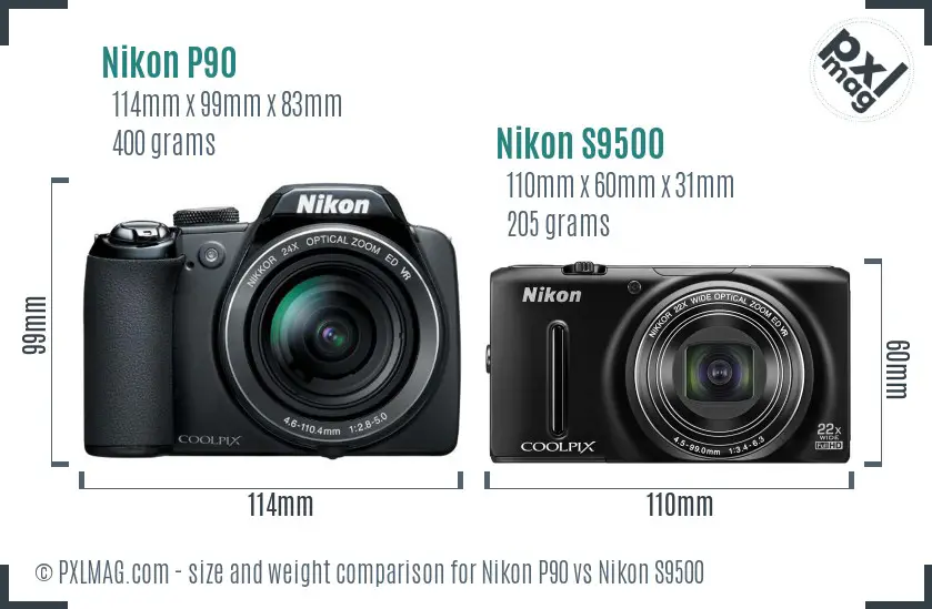 Nikon P90 vs Nikon S9500 size comparison