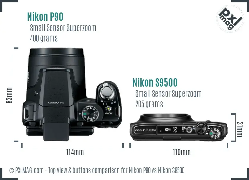 Nikon P90 vs Nikon S9500 top view buttons comparison