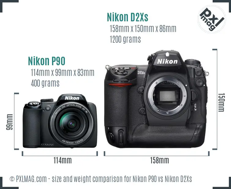 Nikon P90 vs Nikon D2Xs size comparison