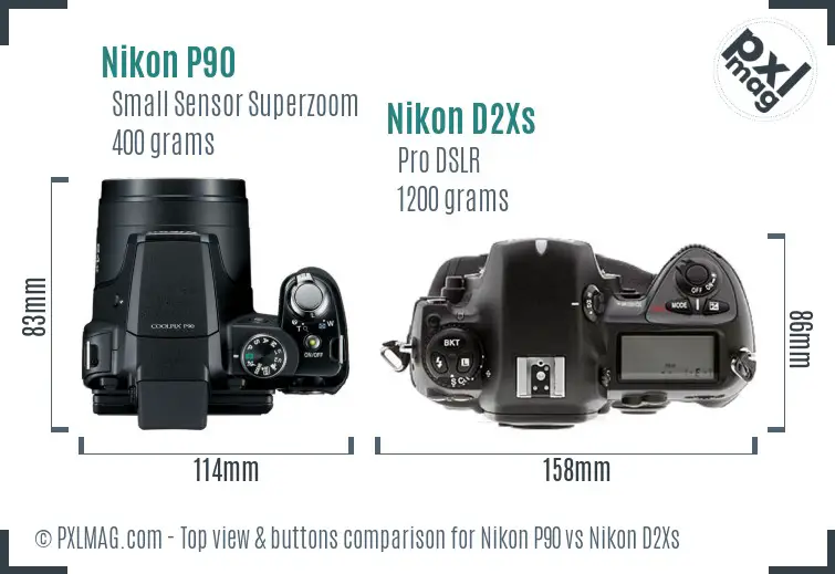 Nikon P90 vs Nikon D2Xs top view buttons comparison