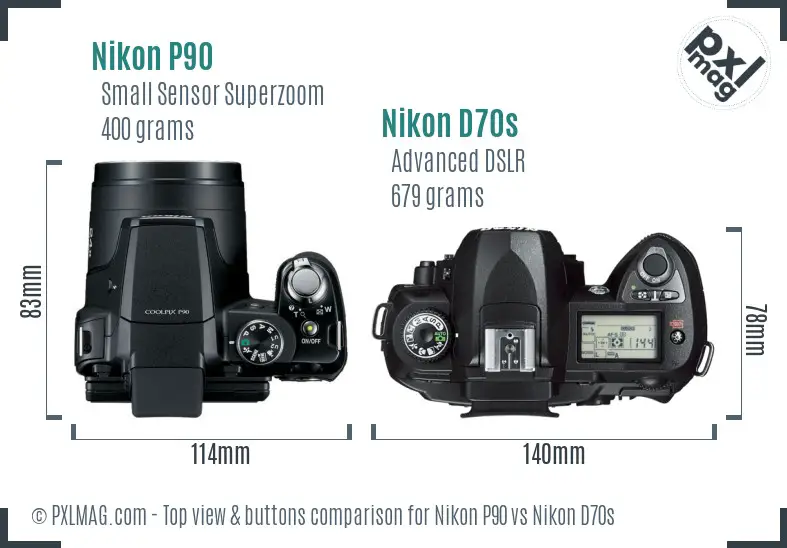 Nikon P90 vs Nikon D70s top view buttons comparison Nikon P90 vs Nikon D70s top view buttons comparison