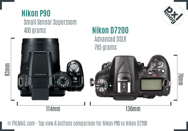 Nikon P90 vs Nikon D7200 top view buttons comparison