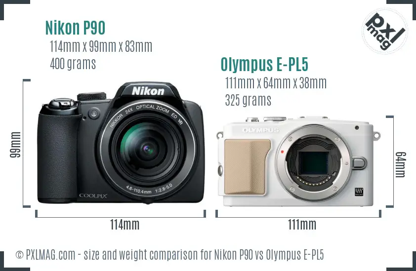Nikon P90 vs Olympus E-PL5 size comparison