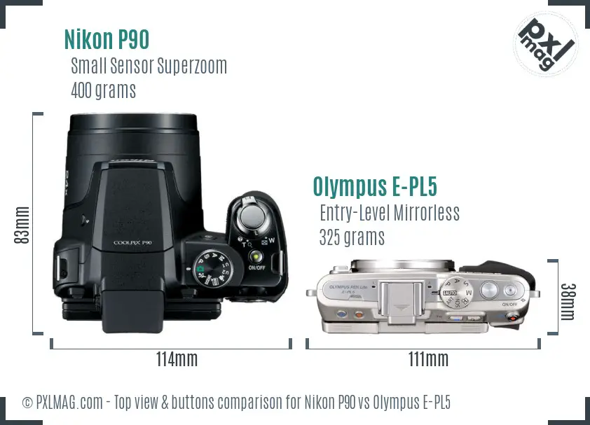 Nikon P90 vs Olympus E-PL5 top view buttons comparison