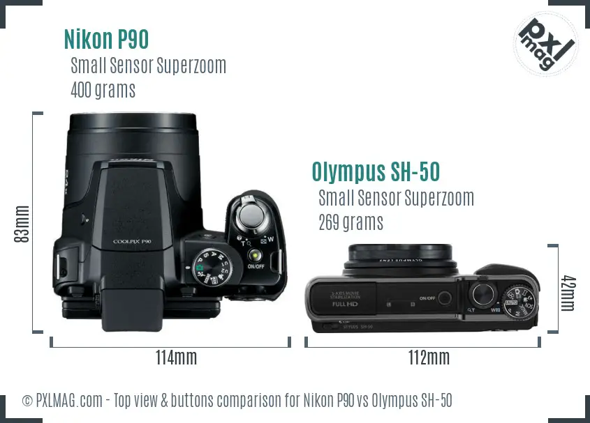 Nikon P90 vs Olympus SH-50 top view buttons comparison Nikon P90 vs Olympus SH-50 top view buttons comparison