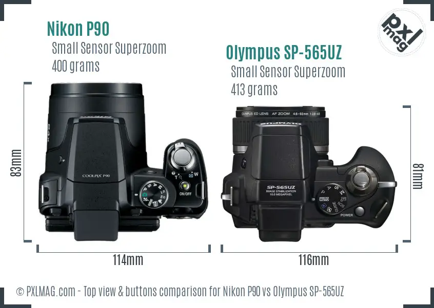 Nikon P90 vs Olympus SP-565UZ top view buttons comparison