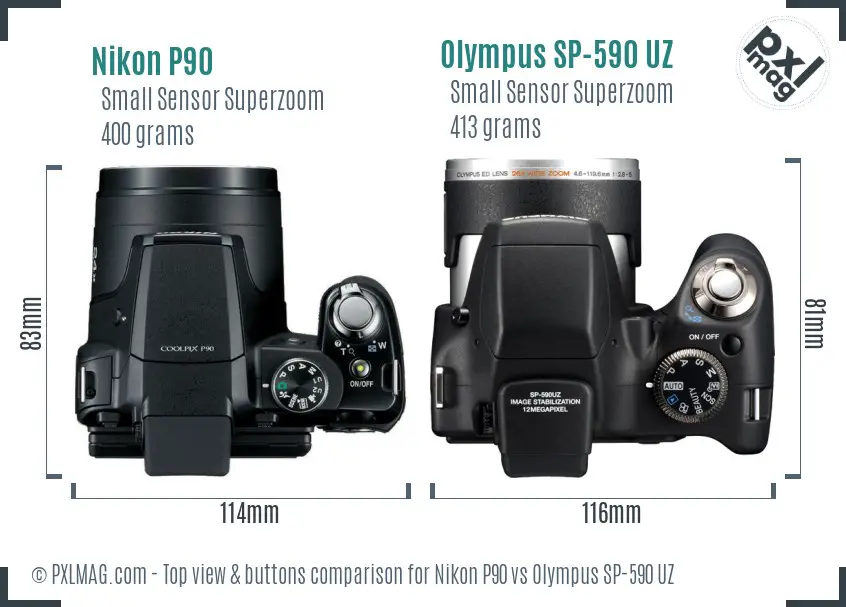 Nikon P90 vs Olympus SP-590 UZ top view buttons comparison