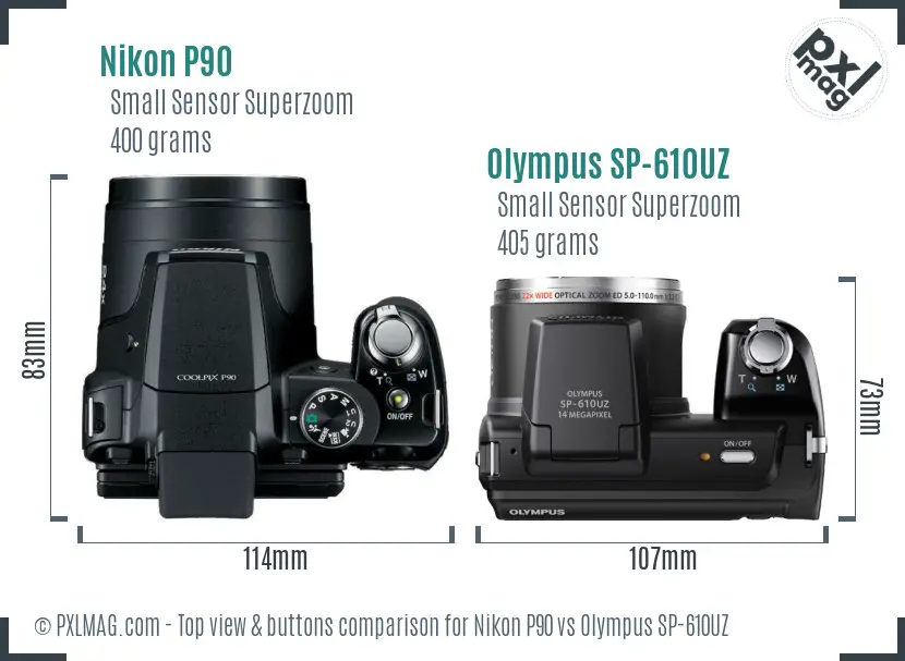 Nikon P90 vs Olympus SP-610UZ top view buttons comparison