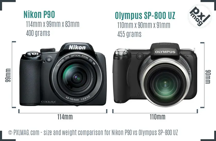 Nikon P90 vs Olympus SP-800 UZ size comparison