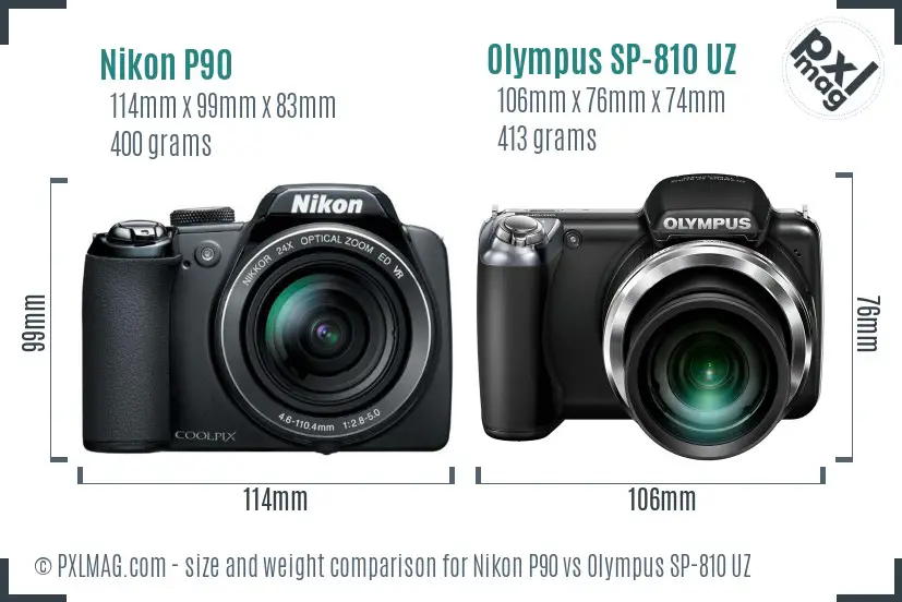 Nikon P90 vs Olympus SP-810 UZ size comparison