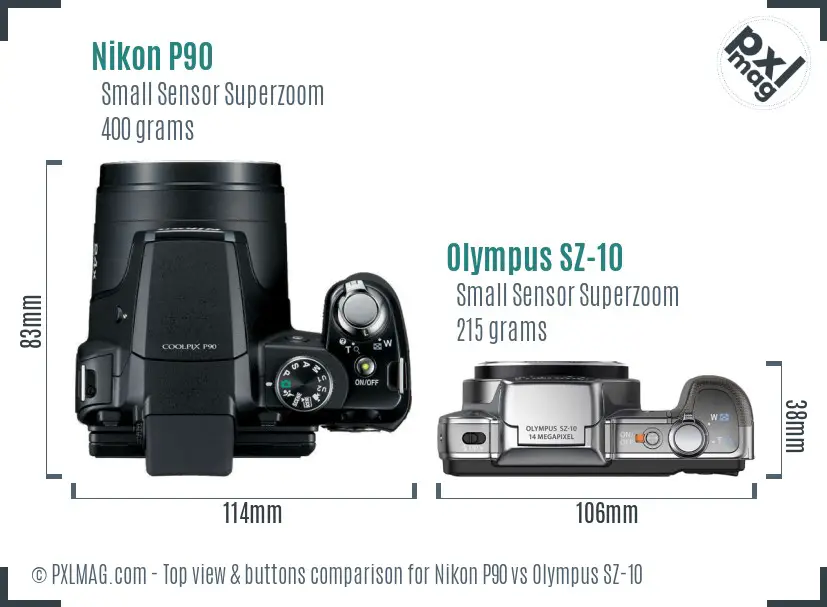 Nikon P90 vs Olympus SZ-10 top view buttons comparison Nikon P90 vs Olympus SZ-10 top view buttons comparison