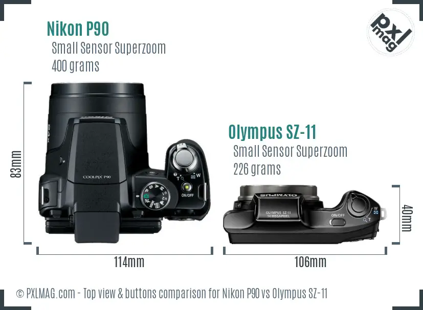 Nikon P90 vs Olympus SZ-11 top view buttons comparison Nikon P90 vs Olympus SZ-11 top view buttons comparison
