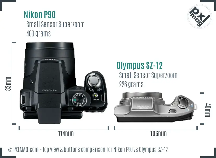Nikon P90 vs Olympus SZ-12 top view buttons comparison Nikon P90 vs Olympus SZ-12 top view buttons comparison