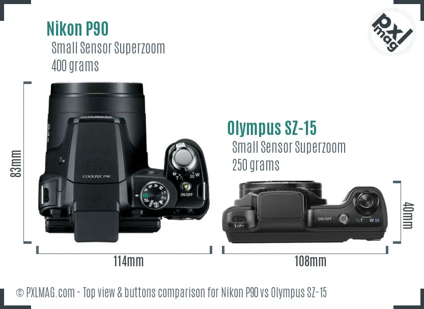 Nikon P90 vs Olympus SZ-15 top view buttons comparison