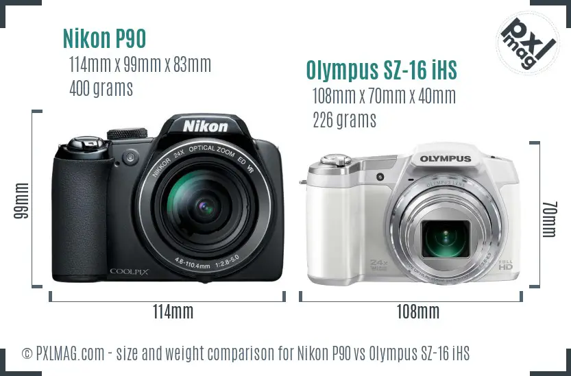Nikon P90 vs Olympus SZ-16 iHS size comparison