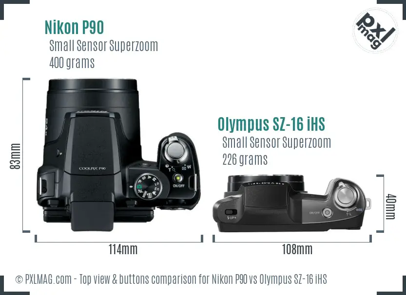 Nikon P90 vs Olympus SZ-16 iHS top view buttons comparison