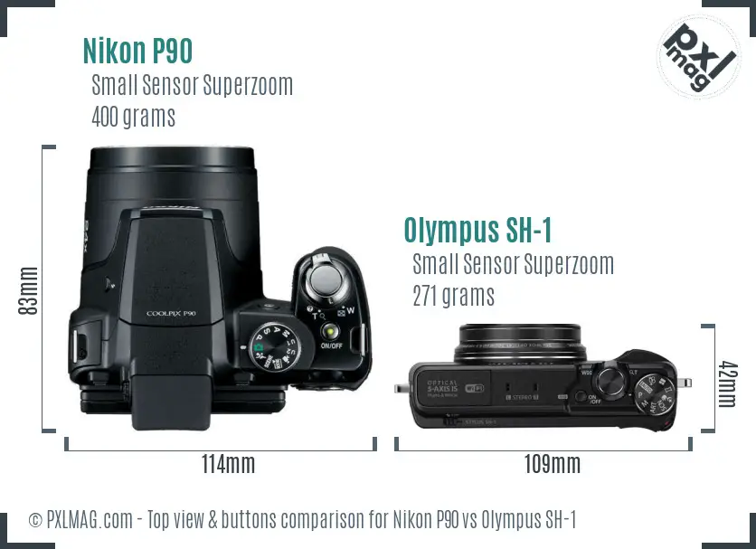 Nikon P90 vs Olympus SH-1 top view buttons comparison Nikon P90 vs Olympus SH-1 top view buttons comparison