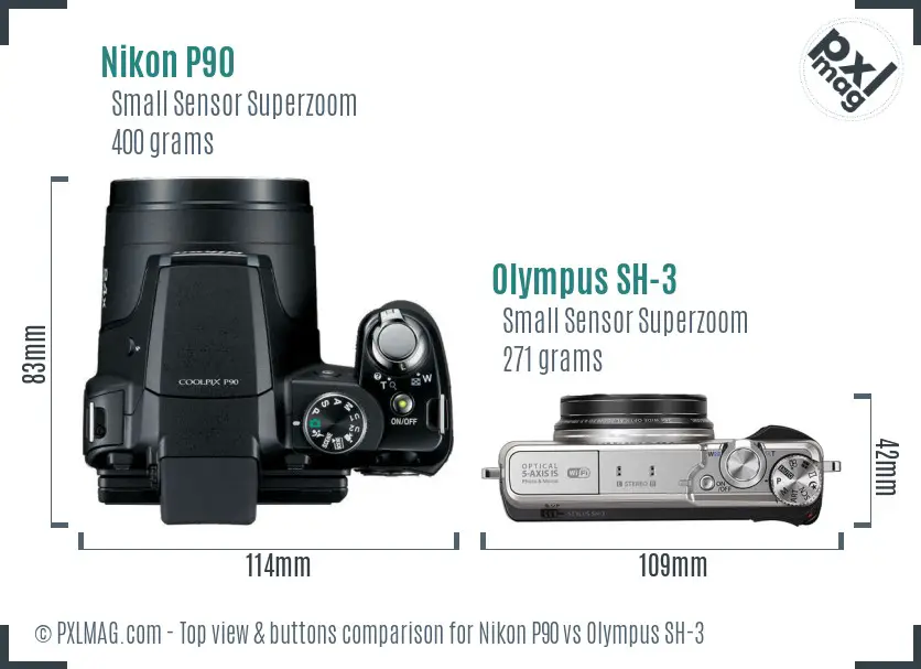 Nikon P90 vs Olympus SH-3 top view buttons comparison