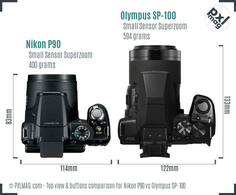 Nikon P90 vs Olympus SP-100 top view buttons comparison