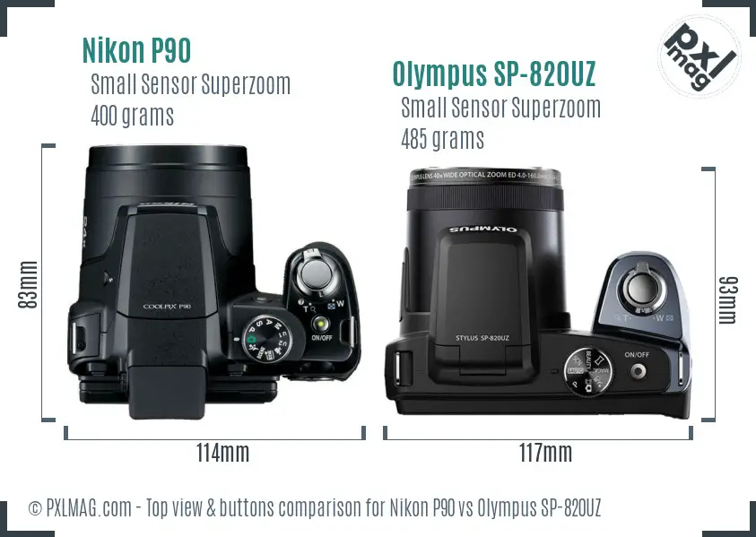 Nikon P90 vs Olympus SP-820UZ top view buttons comparison