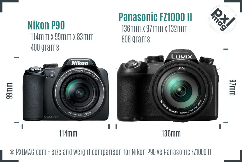 Nikon P90 vs Panasonic FZ1000 II size comparison