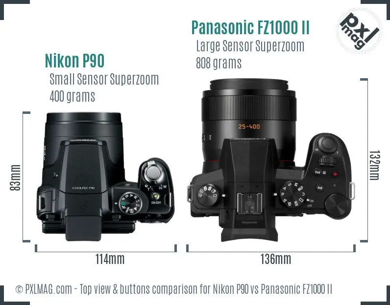 Nikon P90 vs Panasonic FZ1000 II top view buttons comparison