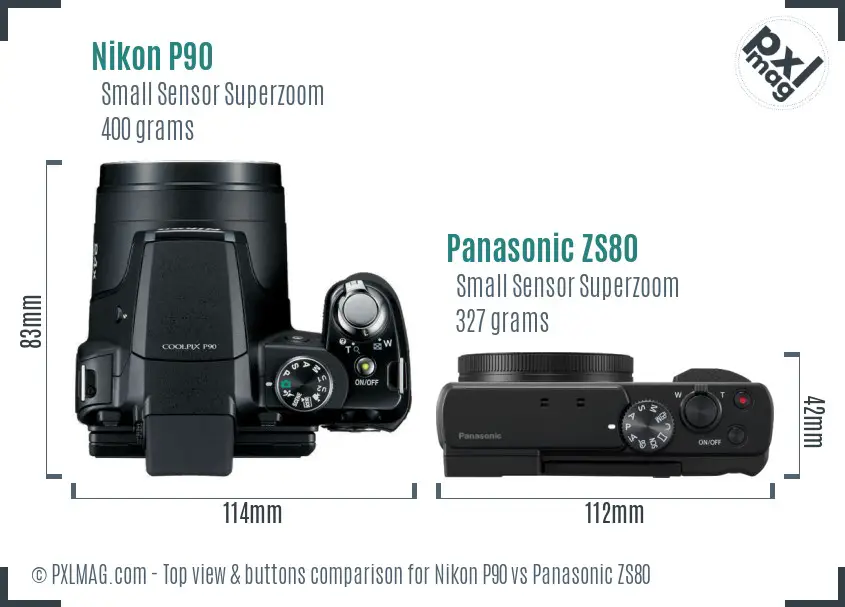 Nikon P90 vs Panasonic ZS80 top view buttons comparison
