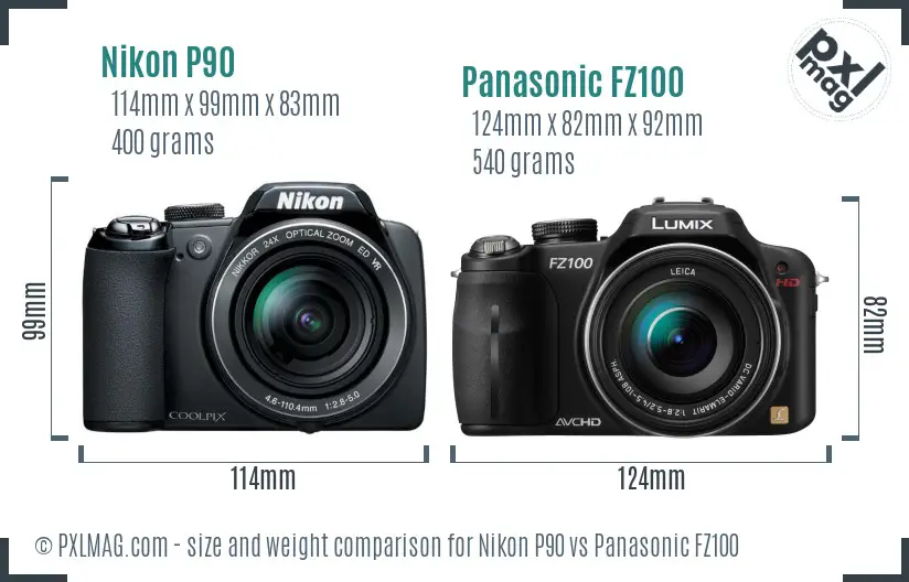 Nikon P90 vs Panasonic FZ100 size comparison