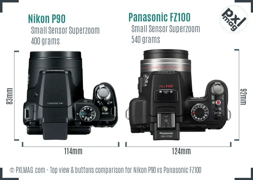 Nikon P90 vs Panasonic FZ100 top view buttons comparison