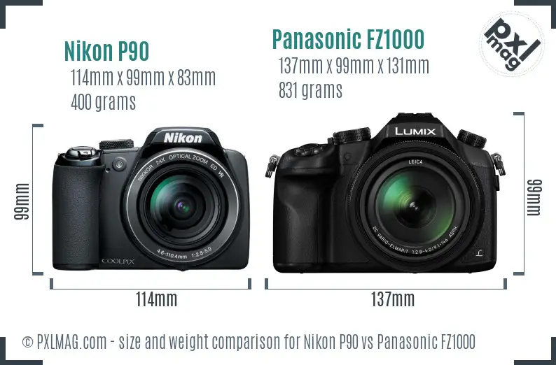 Nikon P90 vs Panasonic FZ1000 size comparison